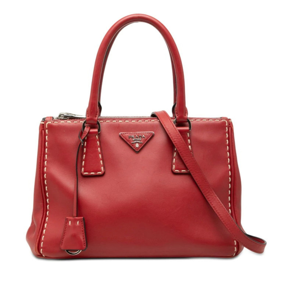 Prada Triangle Plate 2way Shoulder Bag White Stitch Red Fuoco Calfskin